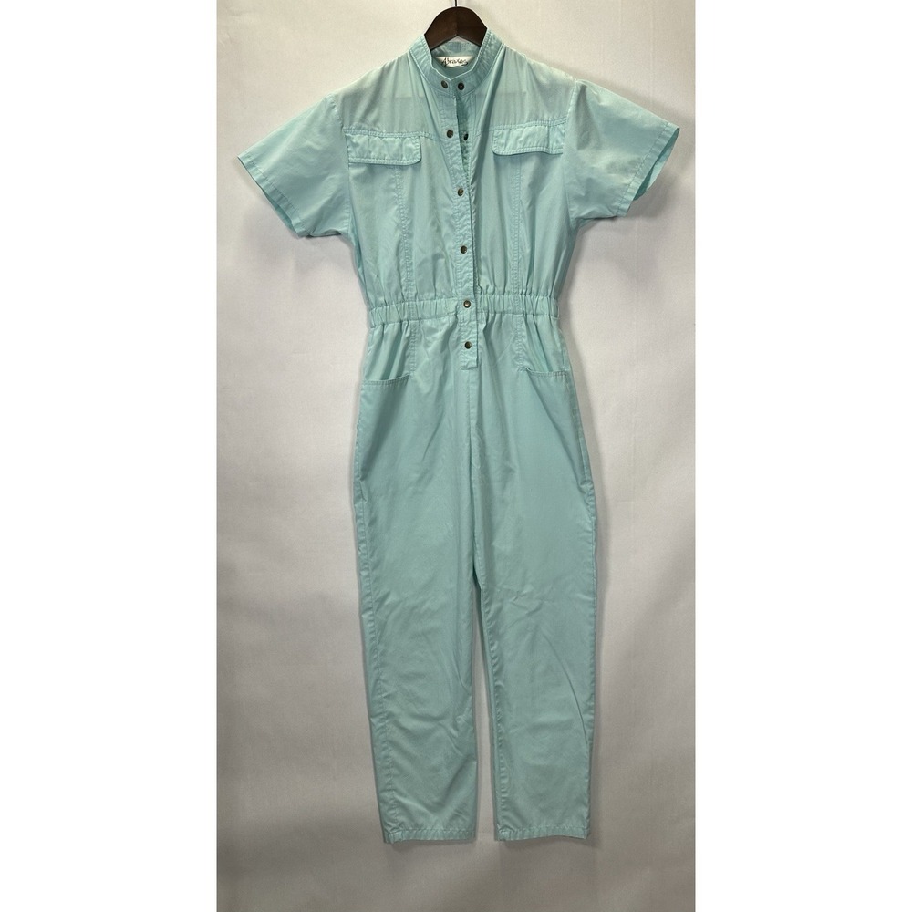 Abraxas Jumpsuit Vintage Womens Size P Mint Cotton Blend Snap Front Retro Snaps - Picture 2 of 7